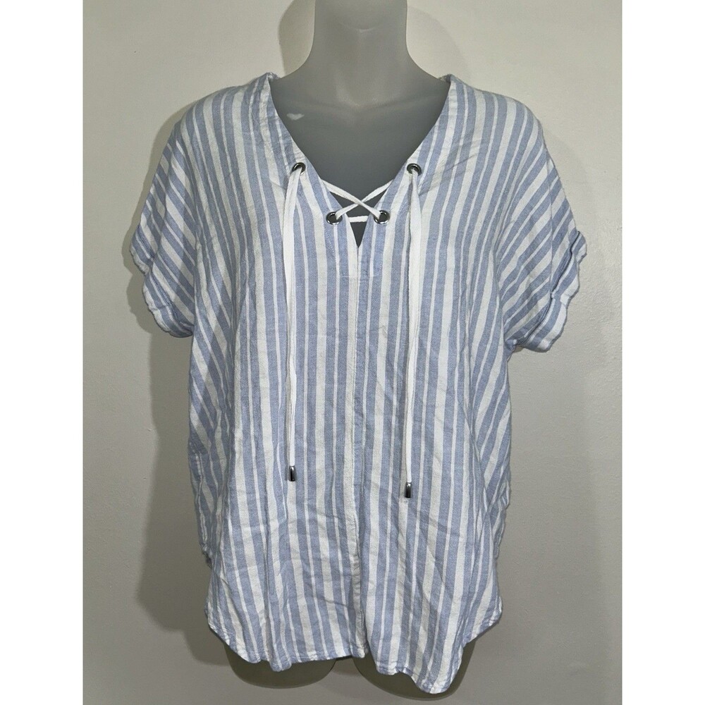 RAILS Jeri Linen Blend Striped Lace Up V-Neck Top Blue White Cuffed Sleeve S
